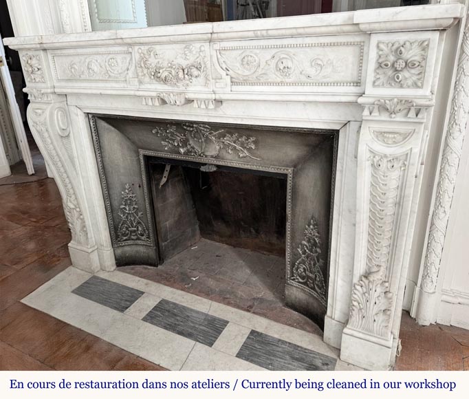 Beautiful Louis XVI style fireplace with very rich decoration, sculpted in Carrara marble-6