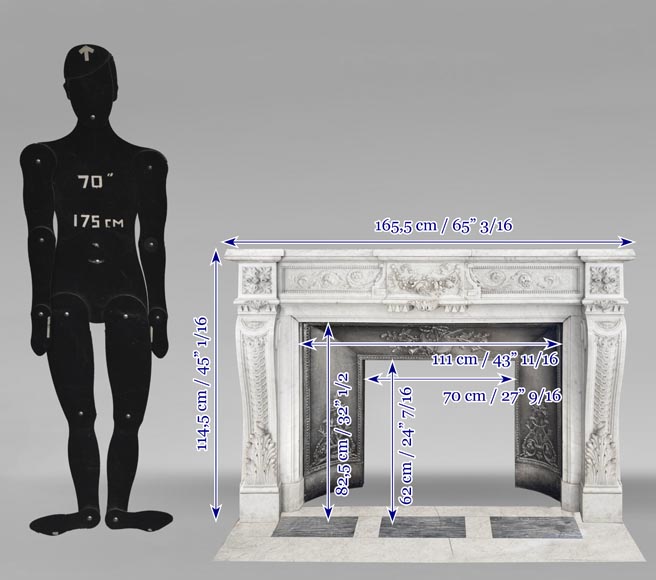 Beautiful Louis XVI style fireplace with very rich decoration, sculpted in Carrara marble-11