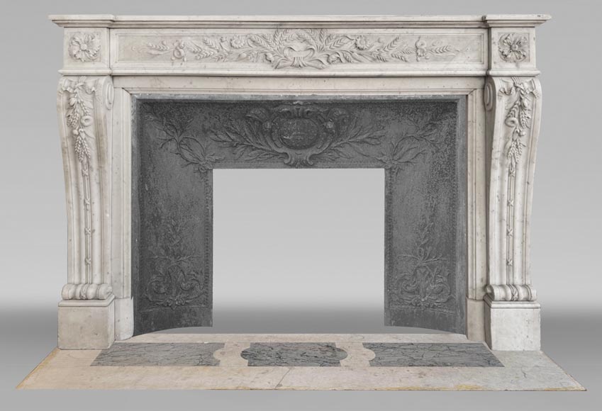 Louis XVI style fireplace in highly sculpted Carrara marble with floral decoration-0