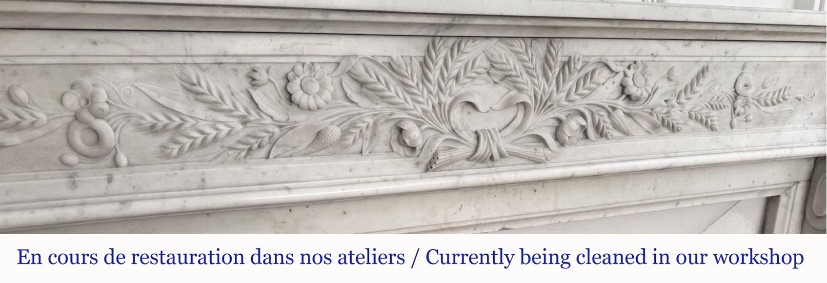 Louis XVI style fireplace in highly sculpted Carrara marble with floral decoration-1