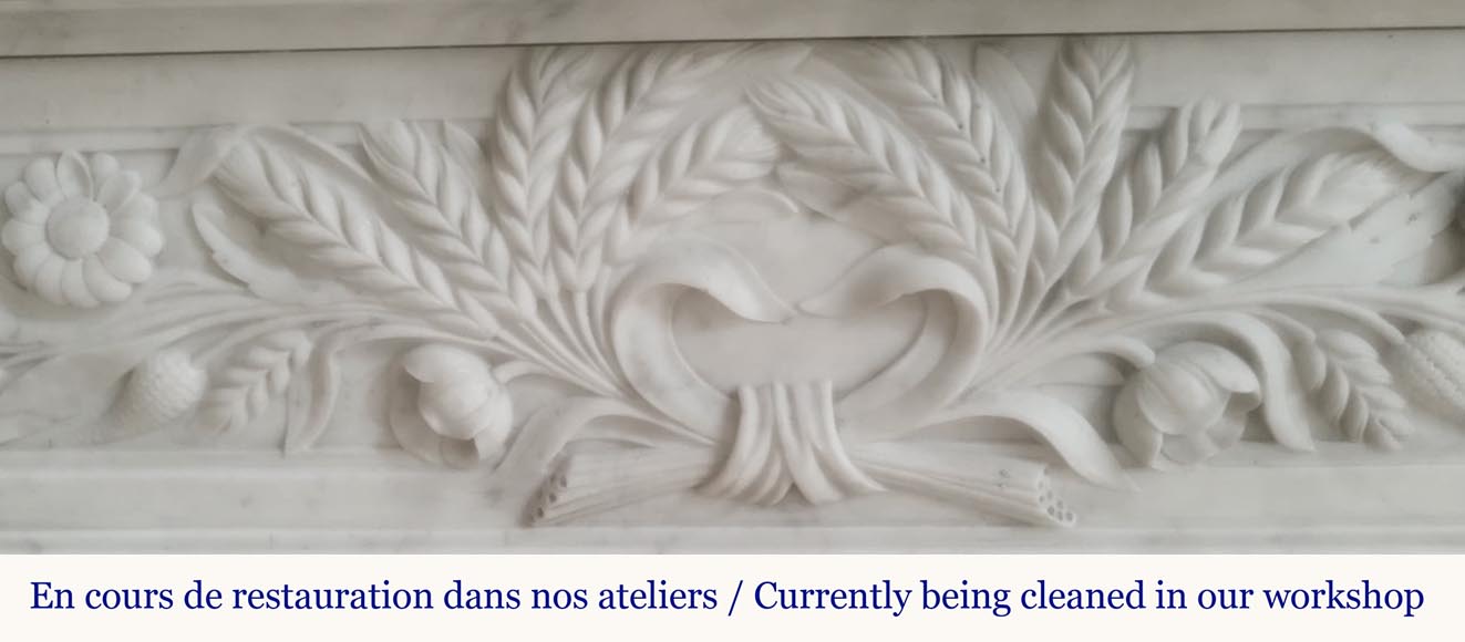 Louis XVI style fireplace in highly sculpted Carrara marble with floral decoration-2