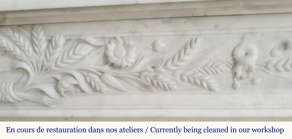 Louis XVI style fireplace in highly sculpted Carrara marble with floral decoration-3