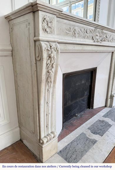 Louis XVI style fireplace in highly sculpted Carrara marble with floral decoration-4