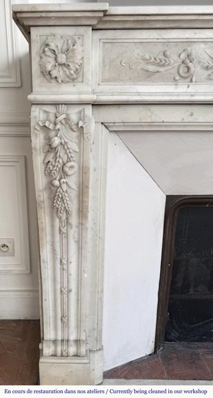 Louis XVI style fireplace in highly sculpted Carrara marble with floral decoration-5