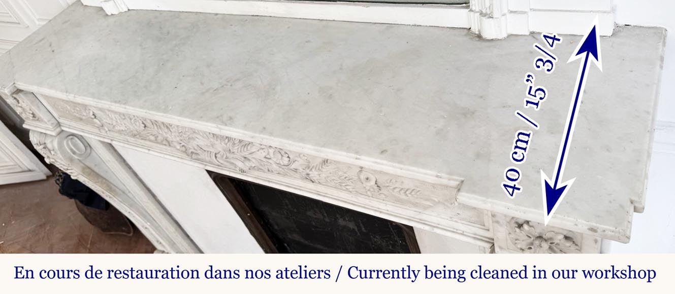 Louis XVI style fireplace in highly sculpted Carrara marble with floral decoration-10