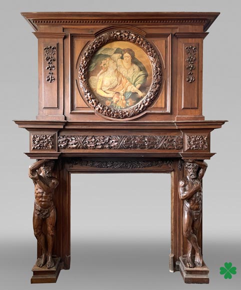 Monumental carved walnut fireplace with atlantes and painted medallion-0