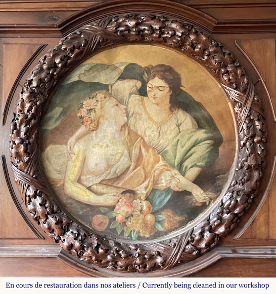 Monumental carved walnut fireplace with atlantes and painted medallion-1