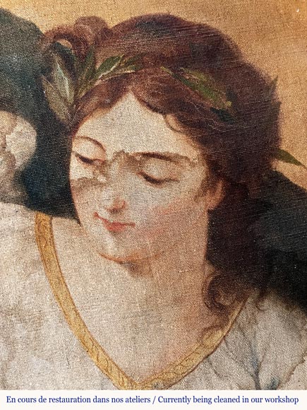 Monumental carved walnut fireplace with atlantes and painted medallion-2