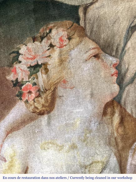 Monumental carved walnut fireplace with atlantes and painted medallion-3