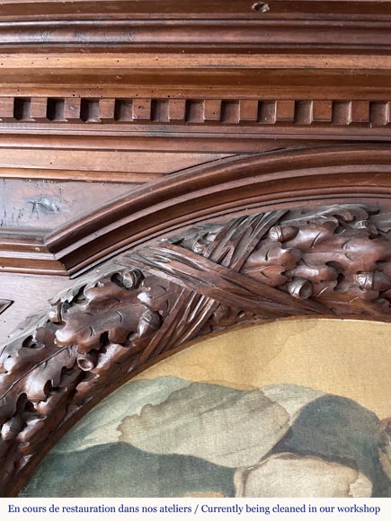 Monumental carved walnut fireplace with atlantes and painted medallion-4