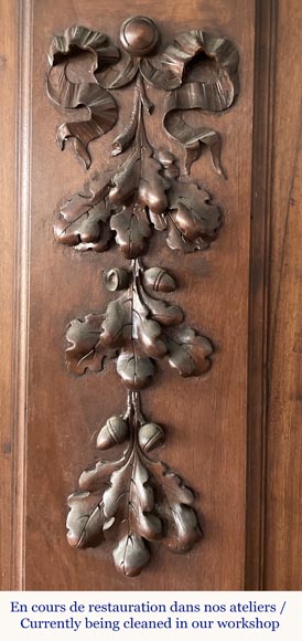 Monumental carved walnut fireplace with atlantes and painted medallion-5