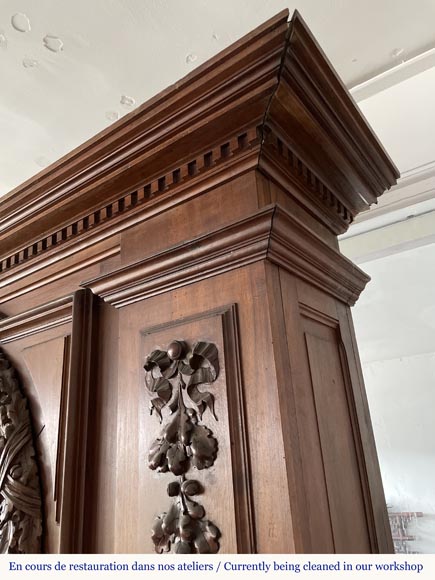 Monumental carved walnut fireplace with atlantes and painted medallion-6
