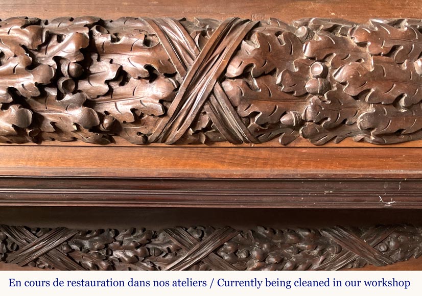 Monumental carved walnut fireplace with atlantes and painted medallion-7