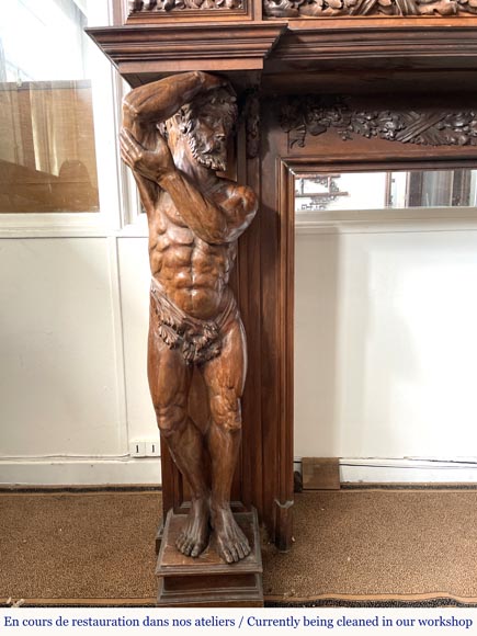 Monumental carved walnut fireplace with atlantes and painted medallion-10