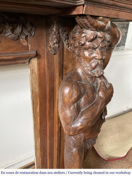Monumental carved walnut fireplace with atlantes and painted medallion-12