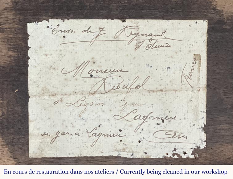 Monumental carved walnut fireplace with atlantes and painted medallion-13