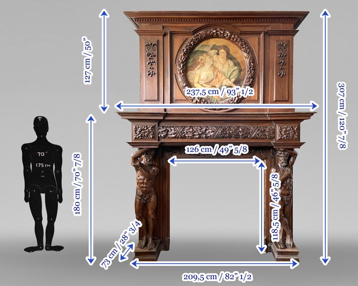 Monumental carved walnut fireplace with atlantes and painted medallion-14