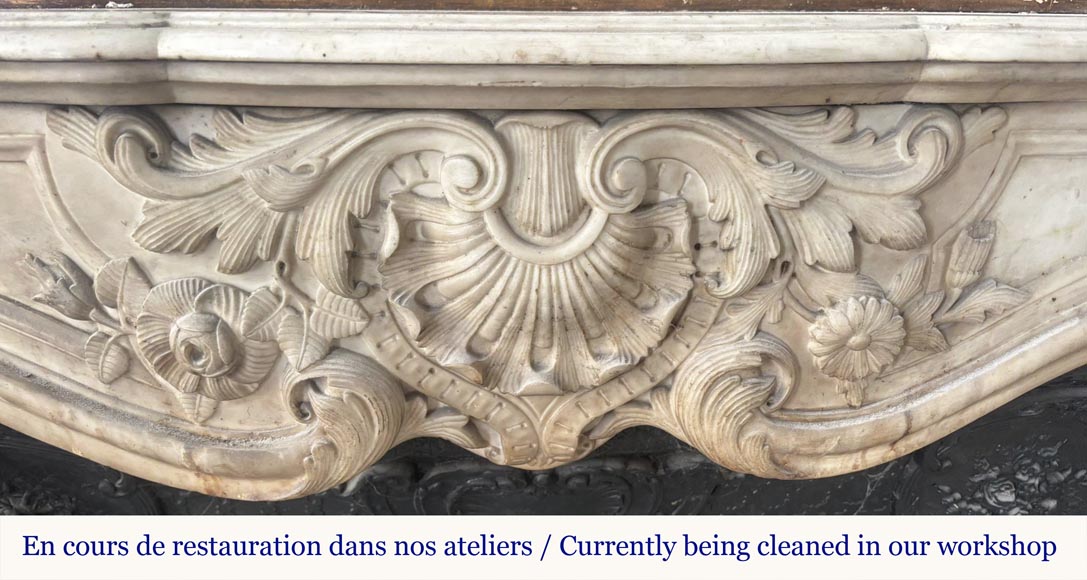 Louis XV style fireplace, highly sculpted in Carrara marble, decorated with flowers-1