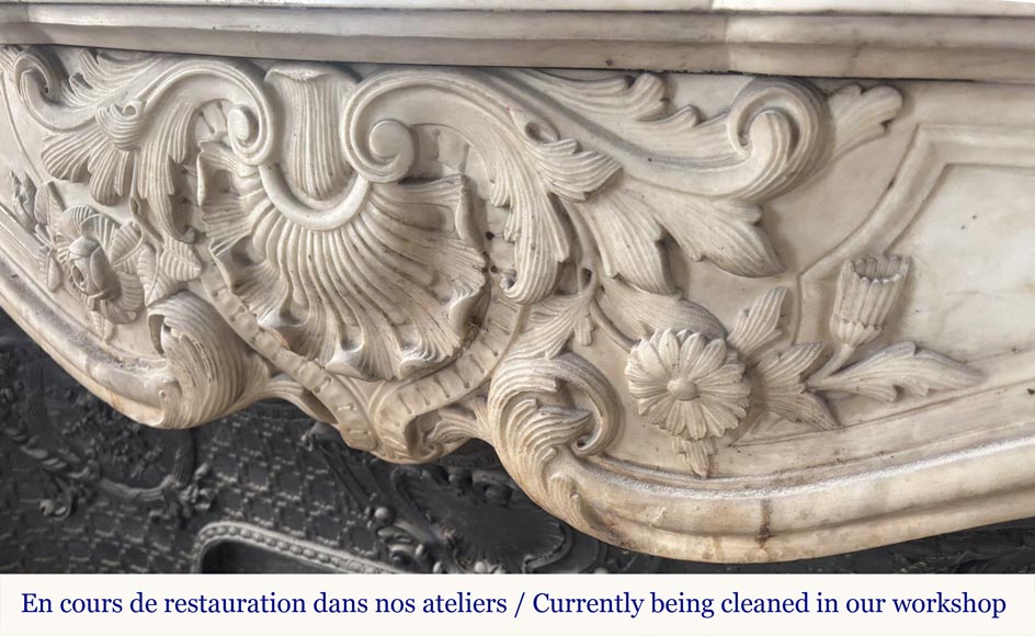 Louis XV style fireplace, highly sculpted in Carrara marble, decorated with flowers-2