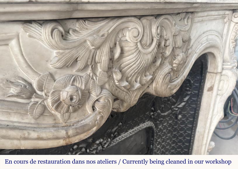 Louis XV style fireplace, highly sculpted in Carrara marble, decorated with flowers-3