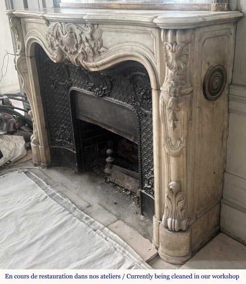 Louis XV style fireplace, highly sculpted in Carrara marble, decorated with flowers-8