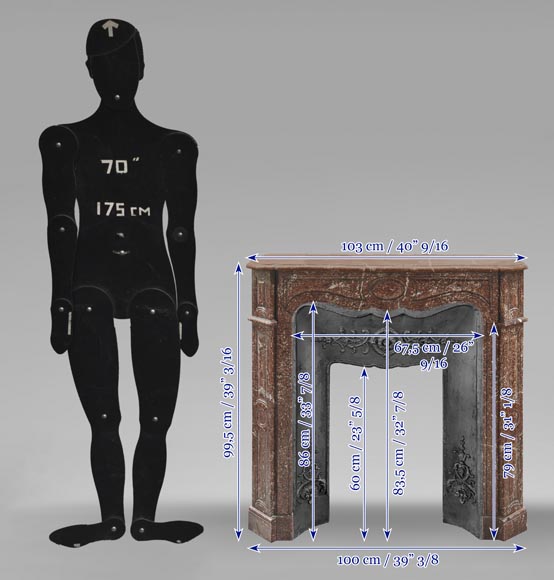  Louis XV style fireplace, Pompadour model, in red Campan marble-8