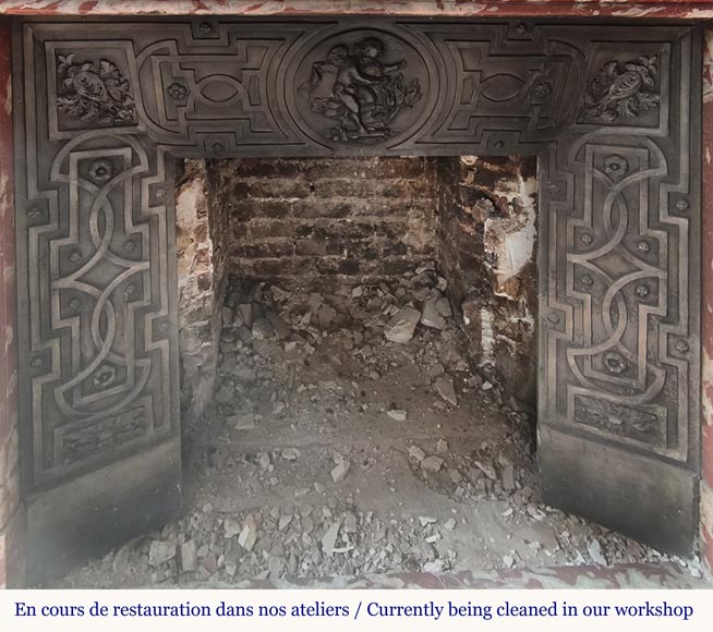  Louis XIV style fireplace with acroteria, in Red Languedoc marble-10