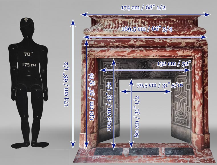  Louis XIV style fireplace with acroteria, in Red Languedoc marble-11