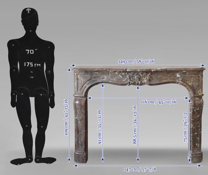 Louis XV period fireplace in Rouge Royal marble, decorated with a shell-9