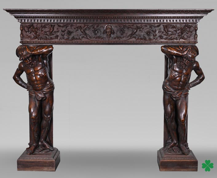 Monumental Italian carved walnut fireplace, Neo-Renaissance style, circa 1880-0
