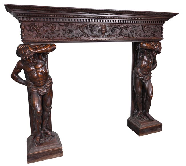 Monumental Italian carved walnut fireplace, Neo-Renaissance style, circa 1880-11