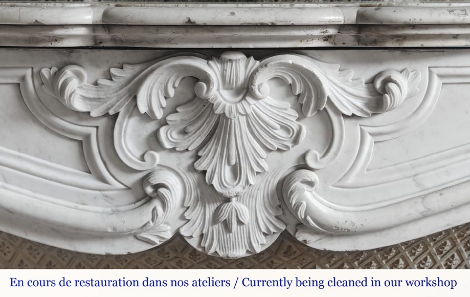 Louis XV style fireplace in Carrara marble, decorated with a palmette-1