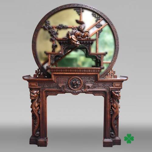 Gabriel VIARDOT (1830-1901) – Japanese-style fireplace in stained sycamore wood, topped with a dragon and an imposing circular mirror