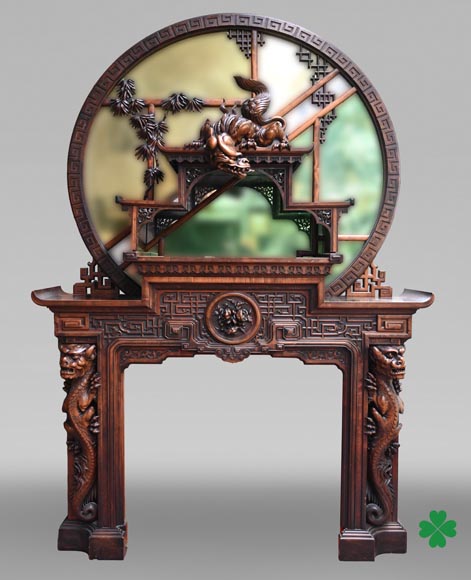 Gabriel VIARDOT (1830-1901) – Japanese-style fireplace in stained sycamore wood, topped with a dragon and an imposing circular mirror-0