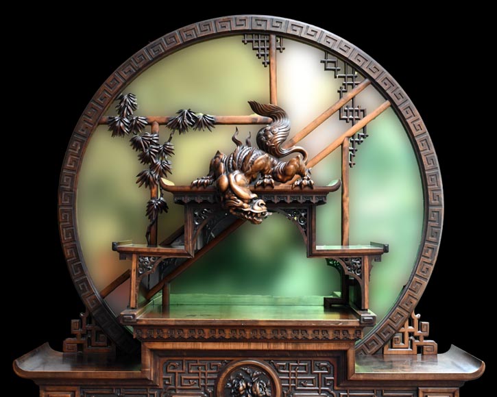 Gabriel VIARDOT (1830-1901) – Japanese-style fireplace in stained sycamore wood, topped with a dragon and an imposing circular mirror-1