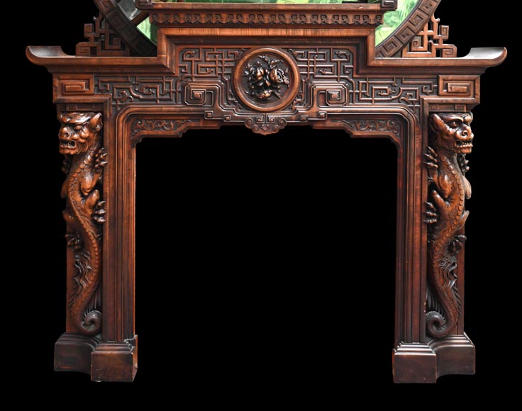 Gabriel VIARDOT (1830-1901) – Japanese-style fireplace in stained sycamore wood, topped with a dragon and an imposing circular mirror-2
