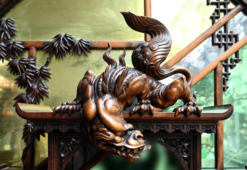 Gabriel VIARDOT (1830-1901) – Japanese-style fireplace in stained sycamore wood, topped with a dragon and an imposing circular mirror-3
