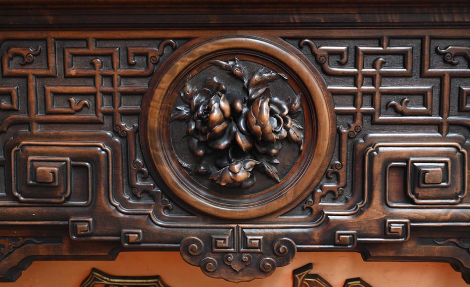 Gabriel VIARDOT (1830-1901) – Japanese-style fireplace in stained sycamore wood, topped with a dragon and an imposing circular mirror-6