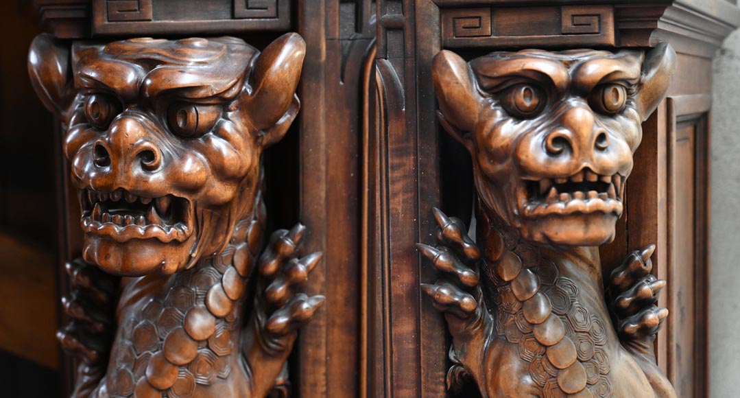 Gabriel VIARDOT (1830-1901) – Japanese-style fireplace in stained sycamore wood, topped with a dragon and an imposing circular mirror-10