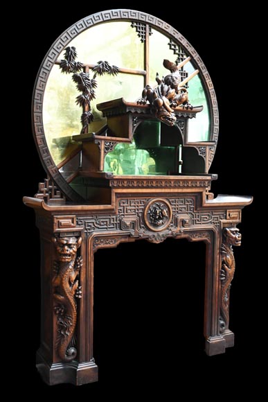 Gabriel VIARDOT (1830-1901) – Japanese-style fireplace in stained sycamore wood, topped with a dragon and an imposing circular mirror-12