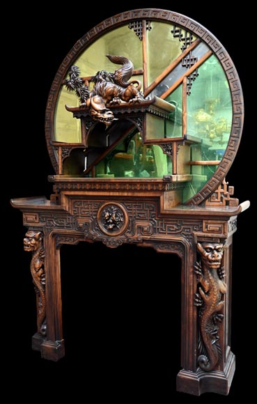 Gabriel VIARDOT (1830-1901) – Japanese-style fireplace in stained sycamore wood, topped with a dragon and an imposing circular mirror-13