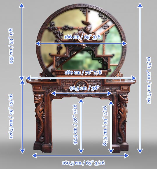Gabriel VIARDOT (1830-1901) – Japanese-style fireplace in stained sycamore wood, topped with a dragon and an imposing circular mirror-16