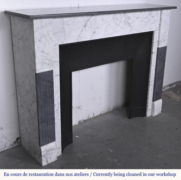 Two-tone Art Deco style fireplace in Carrara marble and dark Turquin-2