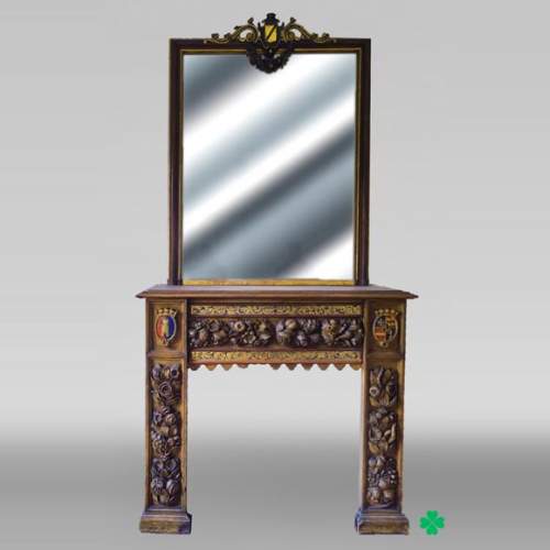 Wall-mounted fireplace with trumeau, carved and gilded wood, elements from the 18th and 19th centuries