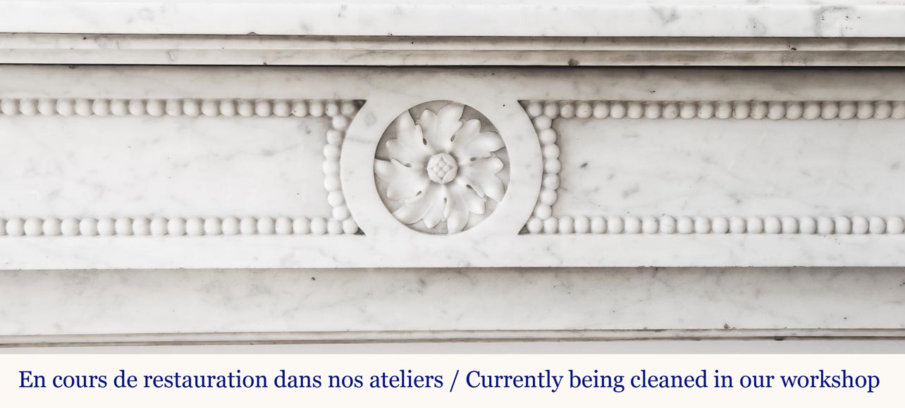  Louis XVI style fireplace with pearl decoration, in Carrara marble-1