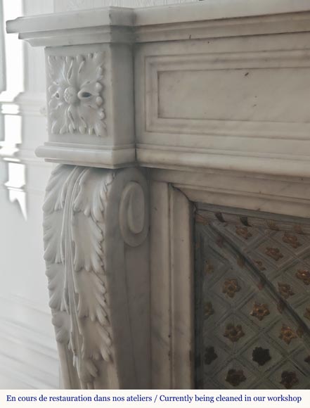 Louis XVI style fireplace in Carrara marble, decorated with acanthus leaves-4
