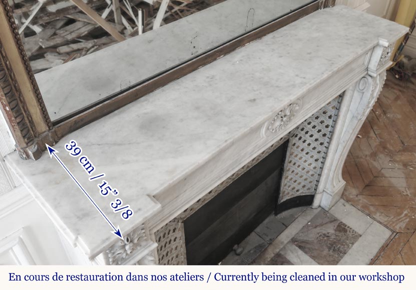 Louis XVI style fireplace in Carrara marble, decorated with acanthus leaves-10