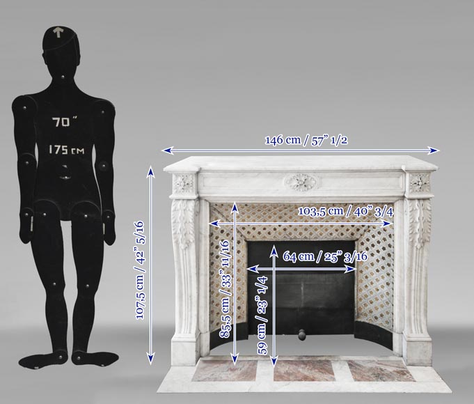 Louis XVI style fireplace in Carrara marble, decorated with acanthus leaves-11
