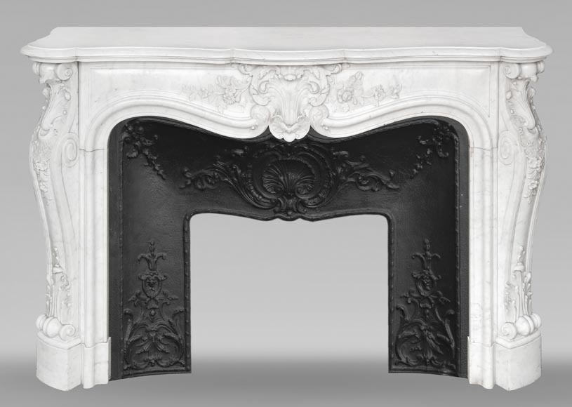 Louis XV style fireplace in Carrara marble richly carved with plant motifs-0