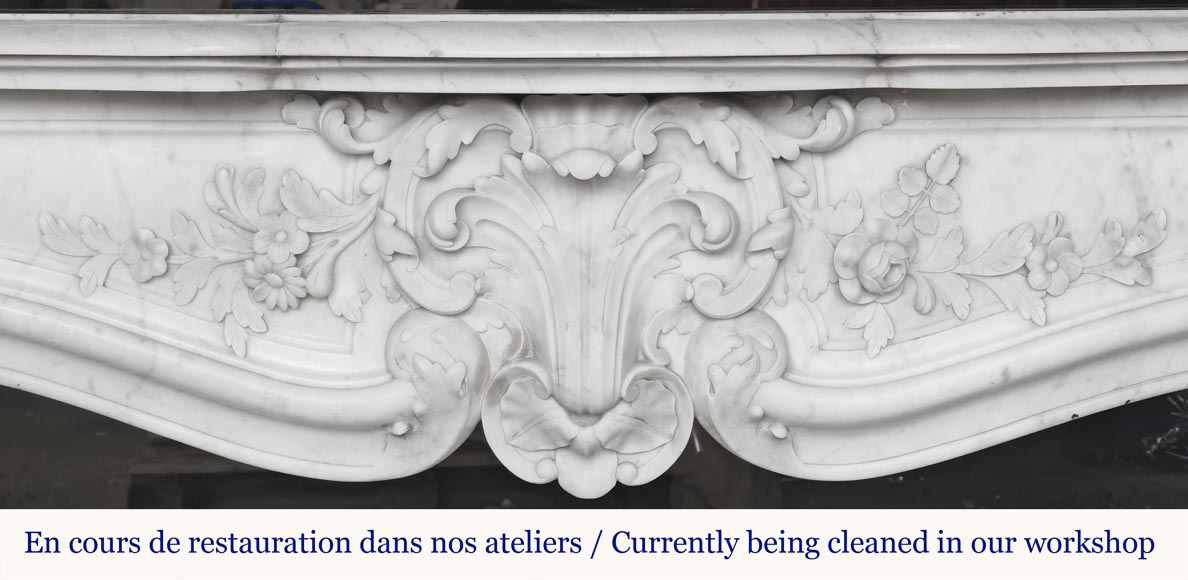 Louis XV style fireplace in Carrara marble richly carved with plant motifs-1